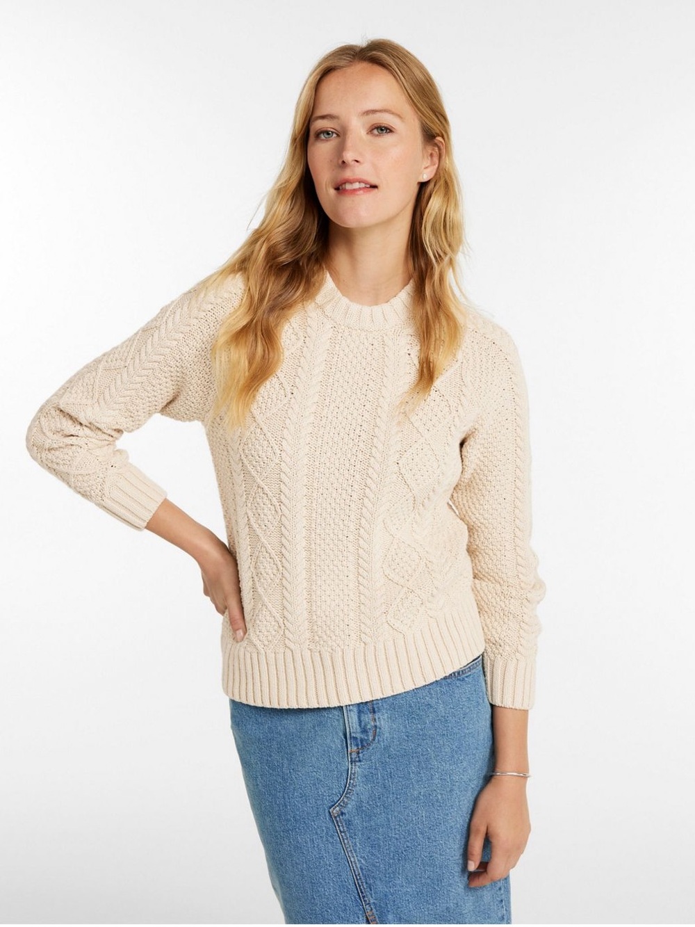 L.L. Bean Signature Cream Cable Knit fisherman crewneck Sweater XS